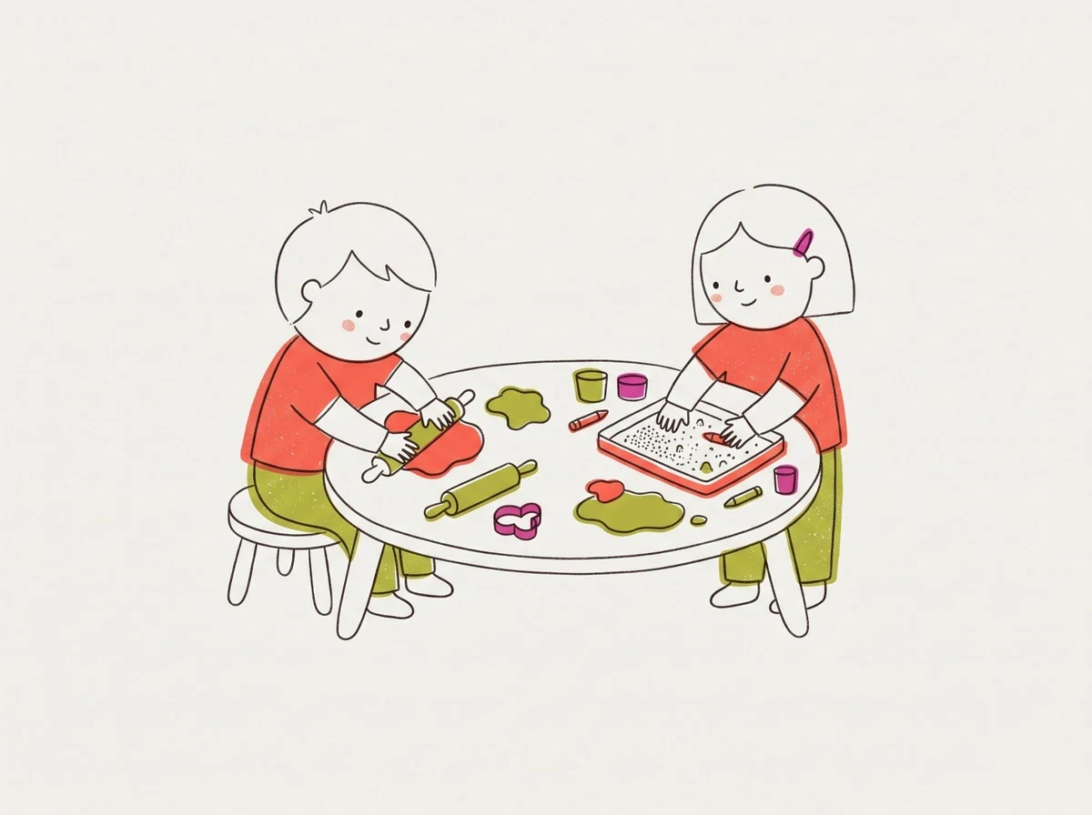 킨더 아뜰리에 수업 장면: 두 아이가 둥근 테이블에서 클레이 놀이